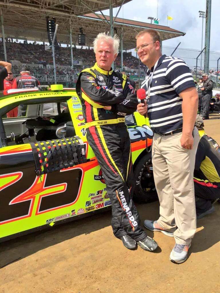 Tim Clagg interviewing ARCA driver Frank Kimmel on pit road before a race