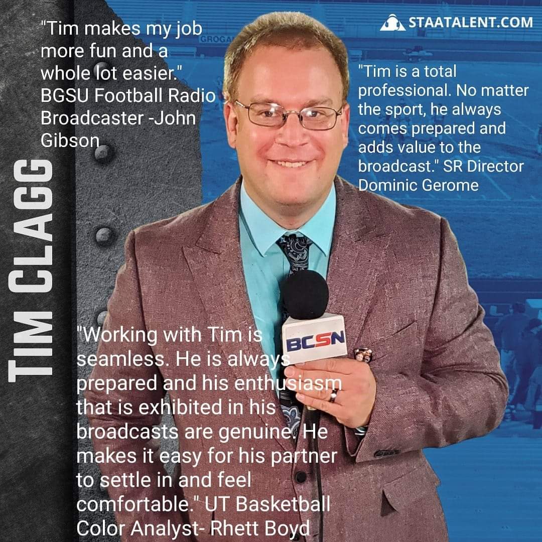 Testimonial graphic featuring Tim Clagg with a BCSN microphone and quotes from John Gibson, Dominic Gerome and Rhett Boyd