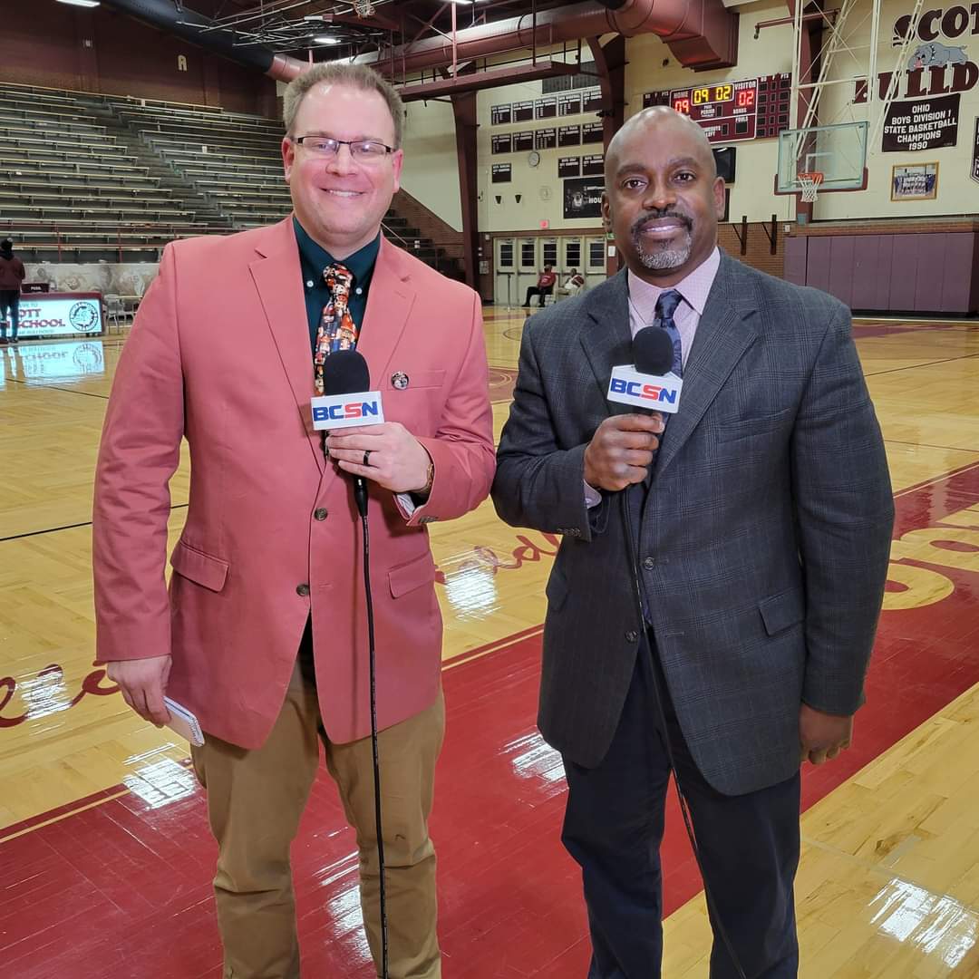 Tim Clagg and his BCSN broadcast partner courtside at Scott High School